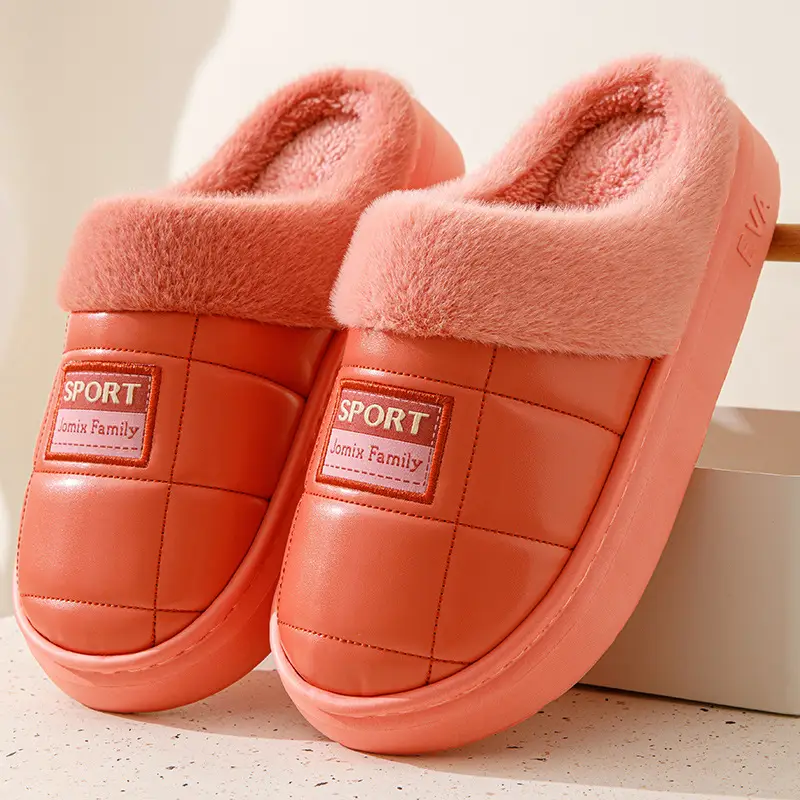 pu leather cotton slippers thickened cotton slippers men's lovers waterproof home thick bottom non-slip warm fleece-lined autumn and winter - Image 2