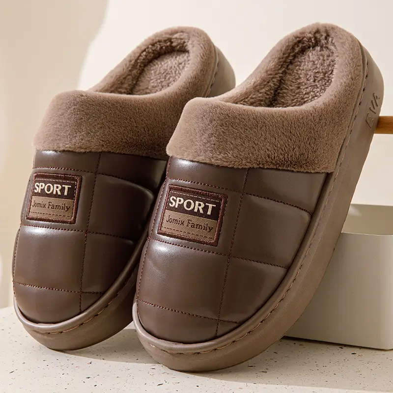 pu leather cotton slippers thickened cotton slippers men's lovers waterproof home thick bottom non-slip warm fleece-lined autumn and winter - Image 3