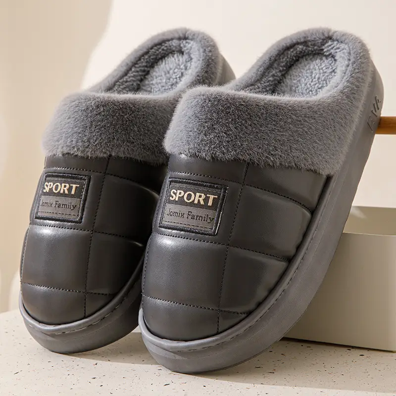 pu leather cotton slippers thickened cotton slippers men's lovers waterproof home thick bottom non-slip warm fleece-lined autumn and winter - Image 4