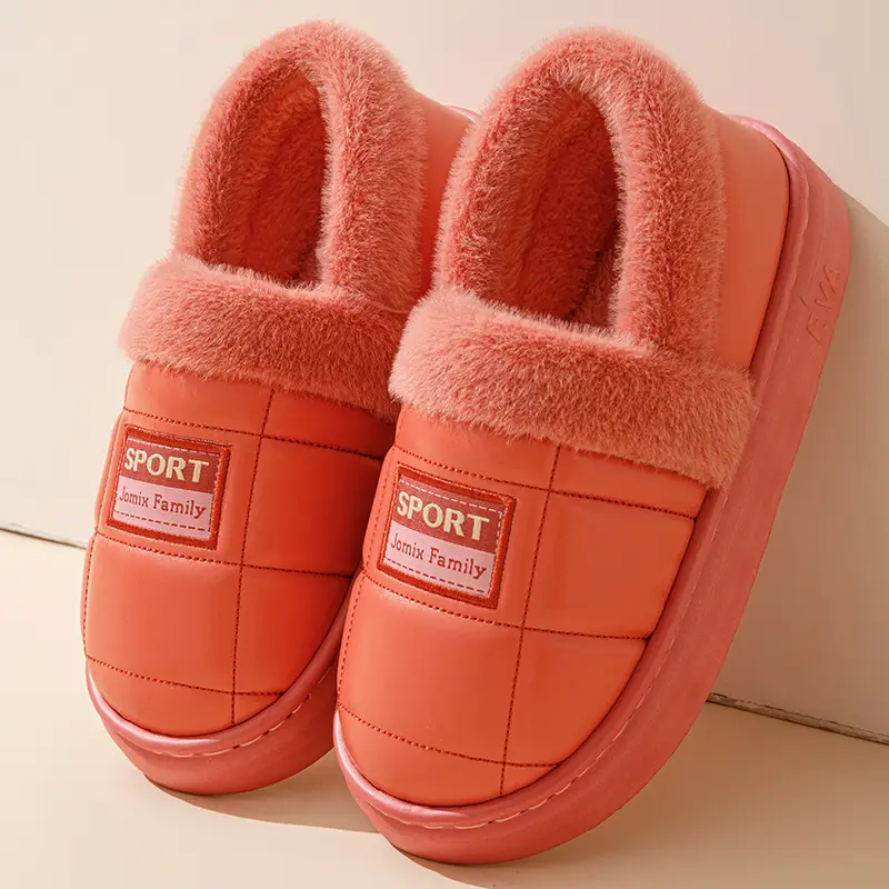 pu leather cotton slippers thickened cotton slippers men's lovers waterproof home thick bottom non-slip warm fleece-lined autumn and winter - Image 5