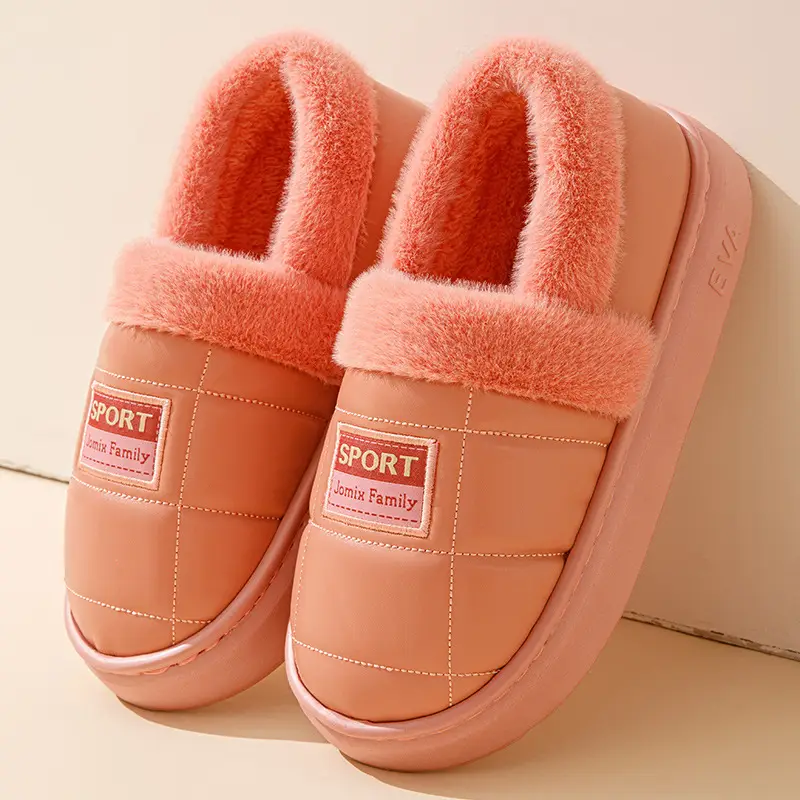 pu leather cotton slippers thickened cotton slippers men's lovers waterproof home thick bottom non-slip warm fleece-lined autumn and winter - Image 6