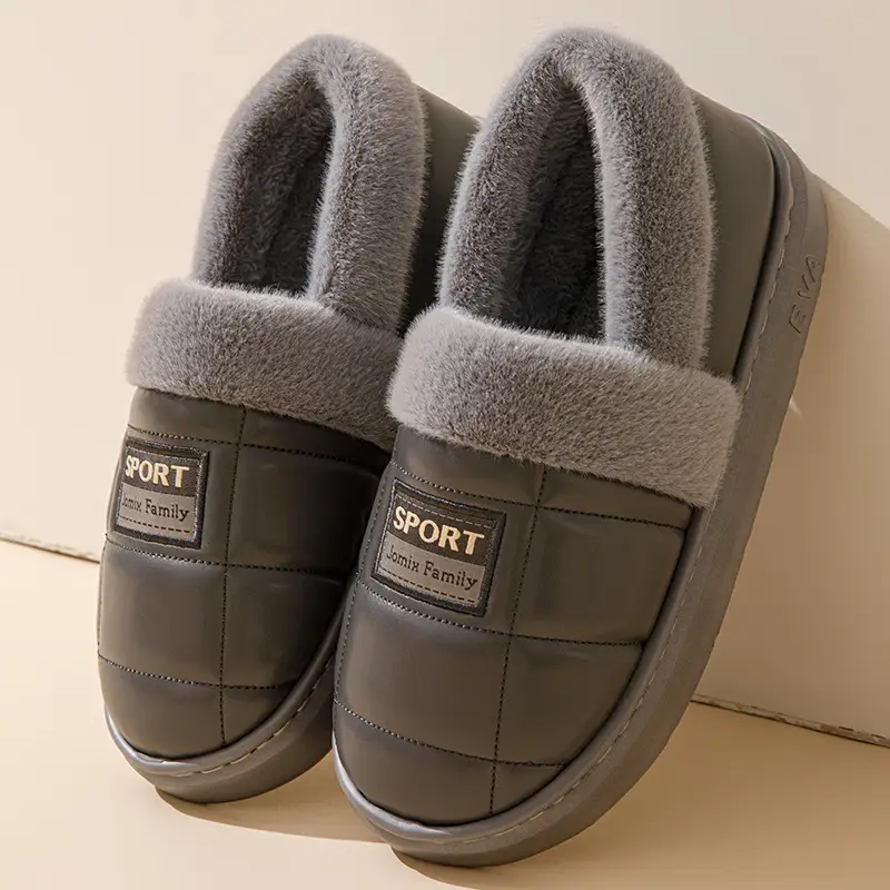 pu leather cotton slippers thickened cotton slippers men's lovers waterproof home thick bottom non-slip warm fleece-lined autumn and winter - Image 7