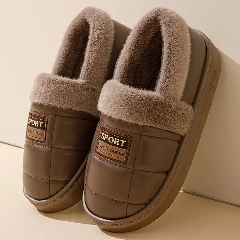 pu leather cotton slippers thickened cotton slippers men's lovers waterproof home thick bottom non-slip warm fleece-lined autumn and winter - Image 8