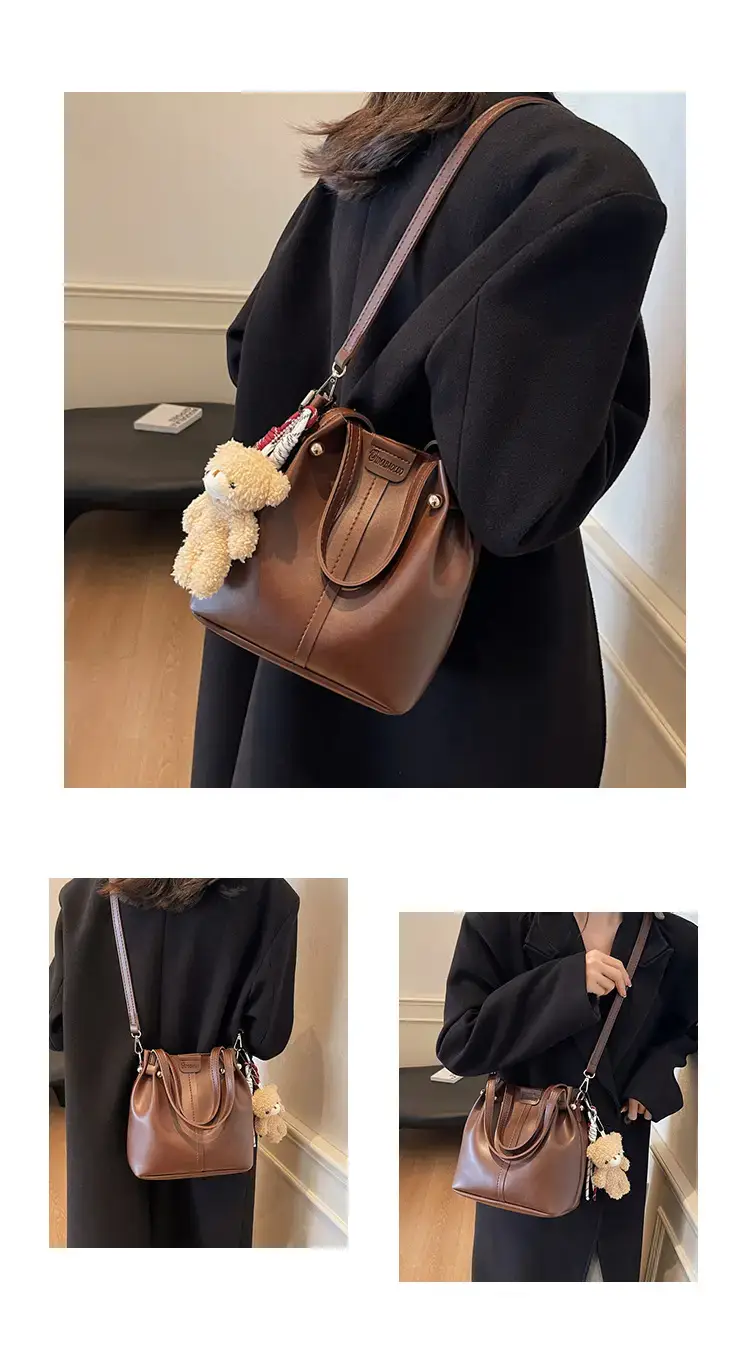 Women's Brown Leather Shoulder Bag with Pom Pom Charm — feature 10