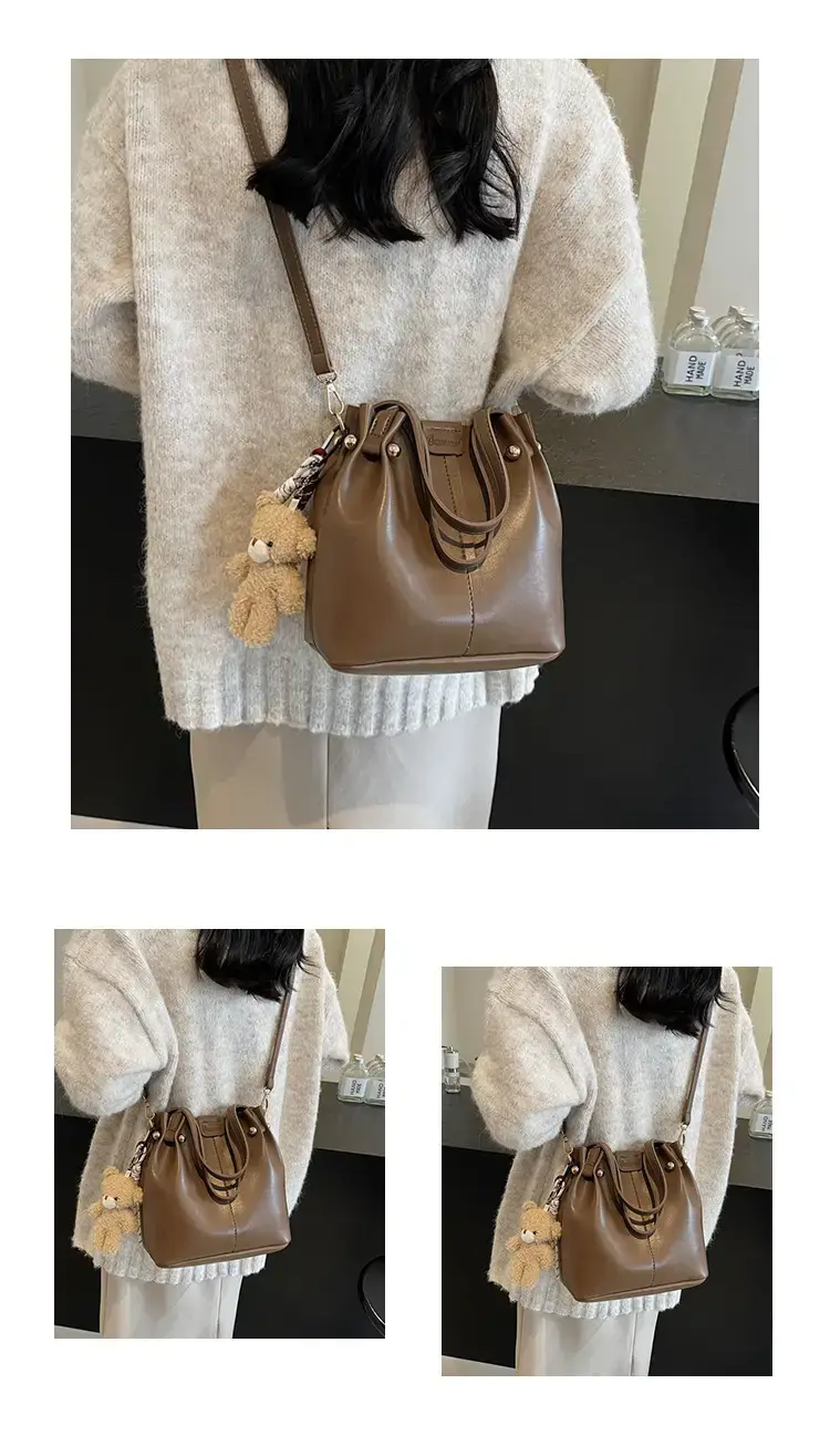 Women's Brown Leather Shoulder Bag with Pom Pom Charm — feature 11