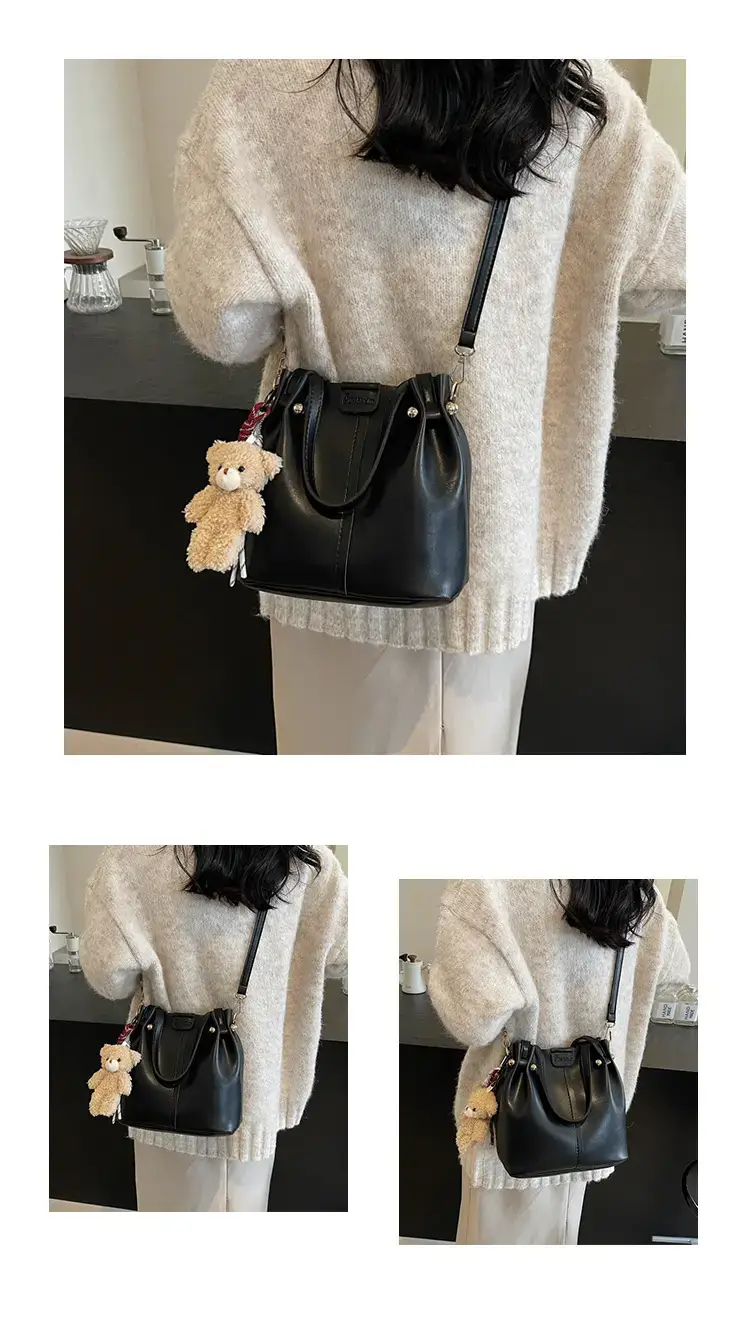 Women's Brown Leather Shoulder Bag with Pom Pom Charm — feature 12