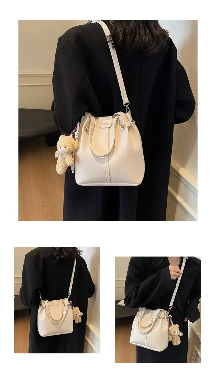 Women's Brown Leather Shoulder Bag with Pom Pom Charm — feature 13