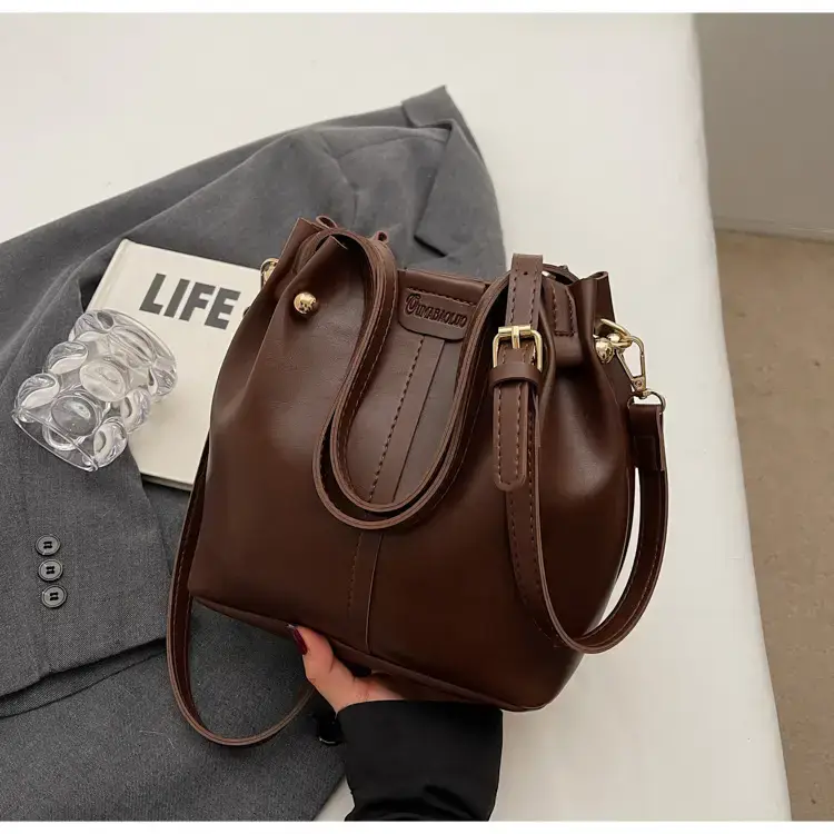 Women's Brown Leather Shoulder Bag with Pom Pom Charm — feature 20