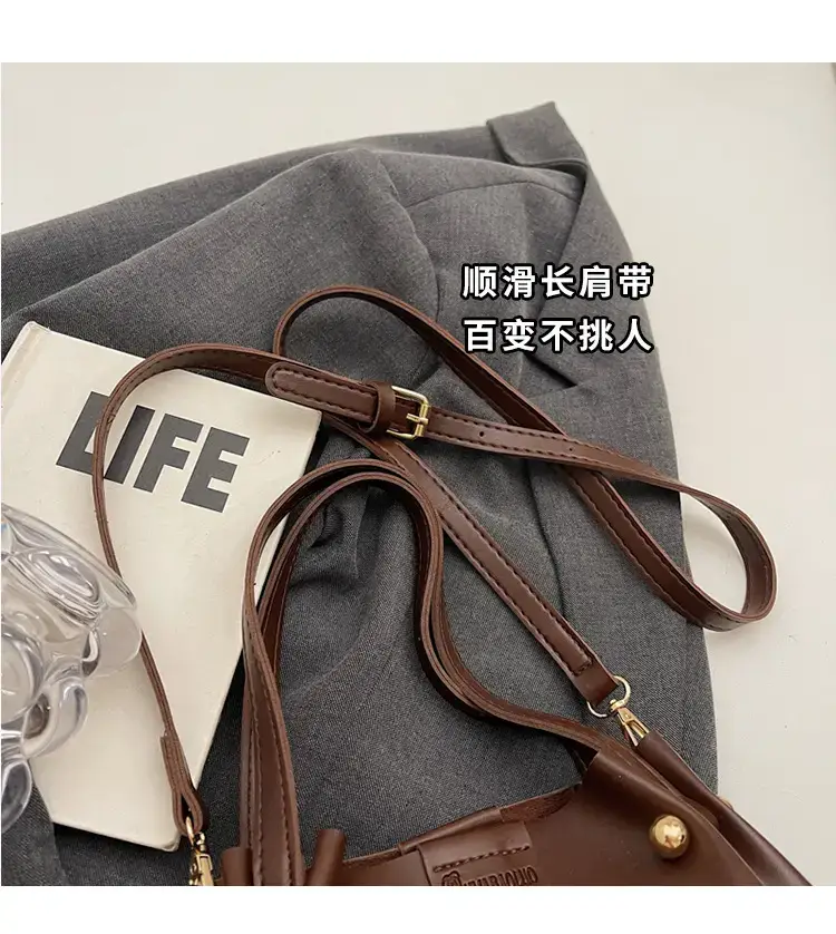Women's Brown Leather Shoulder Bag with Pom Pom Charm — feature 3