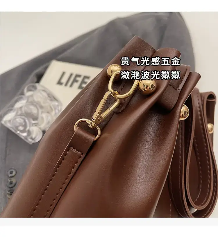 Women's Brown Leather Shoulder Bag with Pom Pom Charm — feature 4