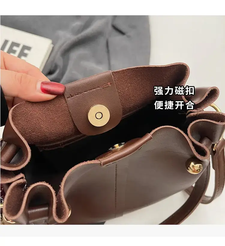 Women's Brown Leather Shoulder Bag with Pom Pom Charm — feature 5
