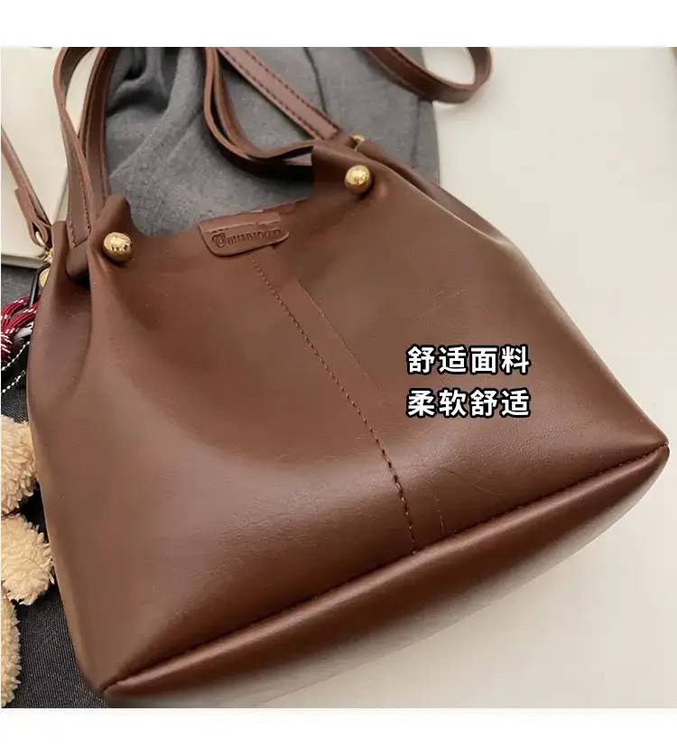 Women's Brown Leather Shoulder Bag with Pom Pom Charm — feature 6