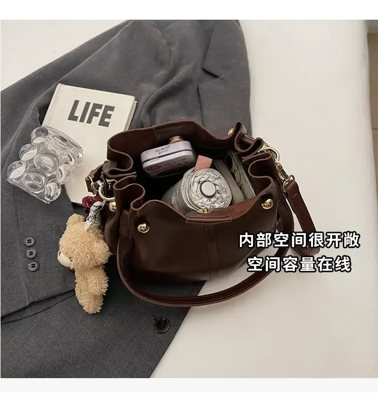 Women's Brown Leather Shoulder Bag with Pom Pom Charm — feature 8