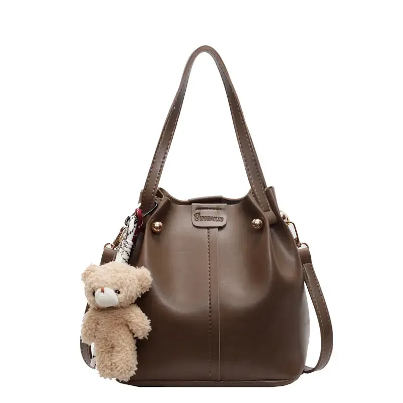 Women's Brown Leather Shoulder Bag with Pom Pom Charm