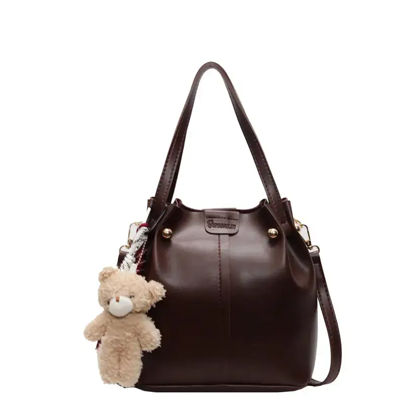 Women's Brown Leather Shoulder Bag with Pom Pom Charm