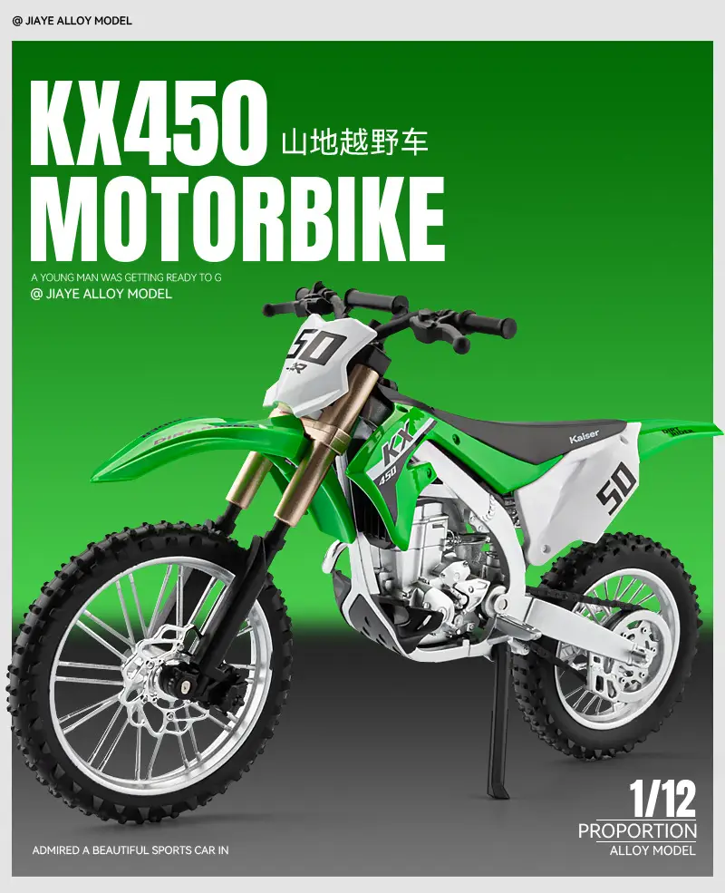 Jiaye 1:12 Kawasaki KX450F Motorcycle Model Simulation Mountain Off-road Vehicle Alloy Locomotive Ornaments Toy Car — feature 1