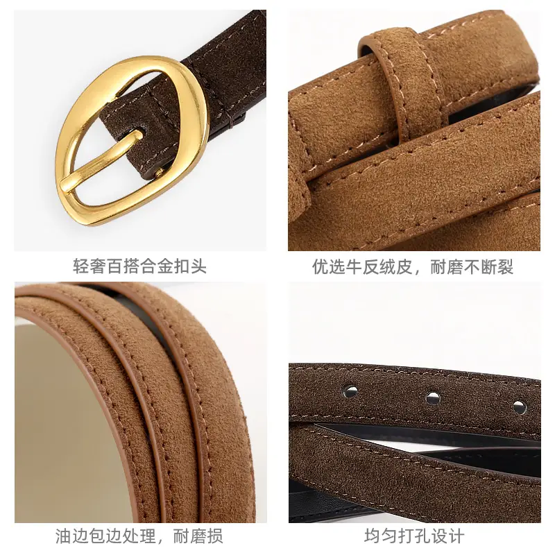 Women Suede Belt 100cm Gold Buckle Black - Image 7