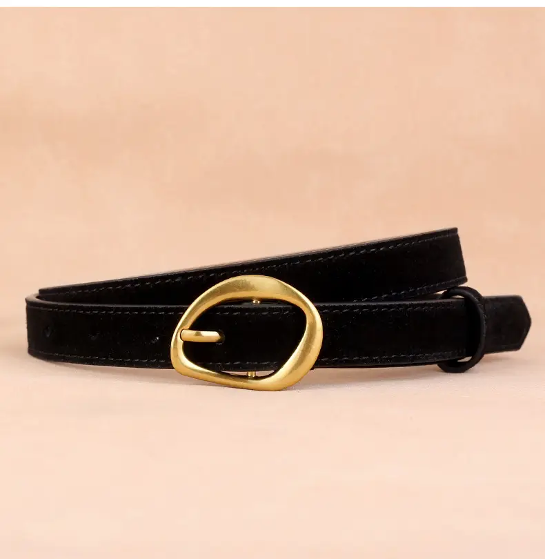 Women Suede Belt 100cm Gold Buckle Black — feature 16