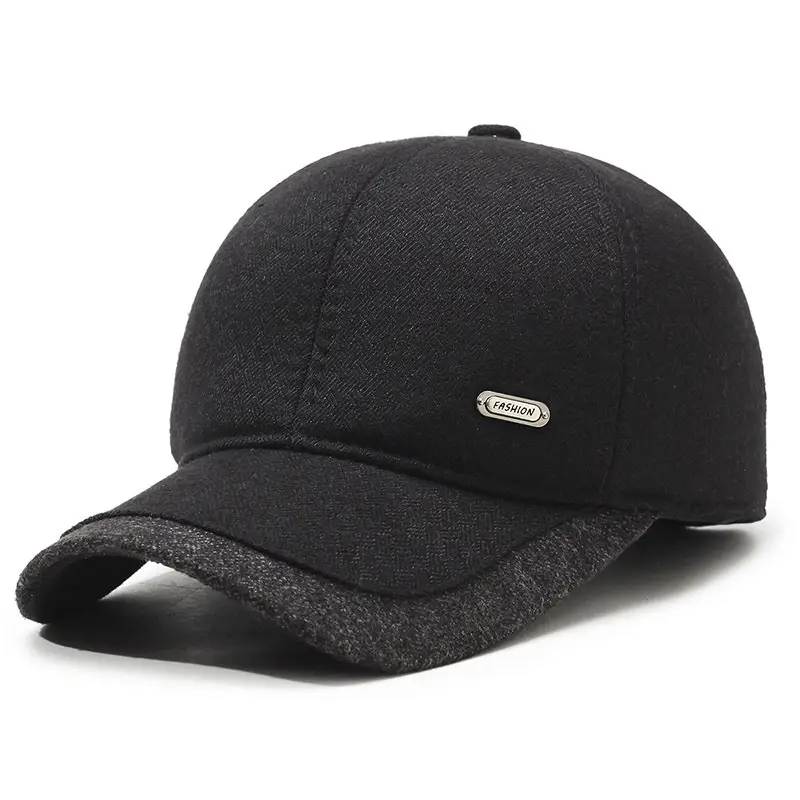 Men's Fleece Lined Black Baseball Cap with Logo