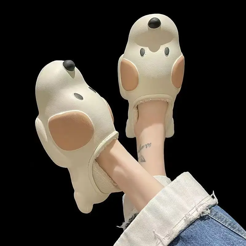Autumn Winter Dog Plush Cotton Slippers Women Warm Indoor