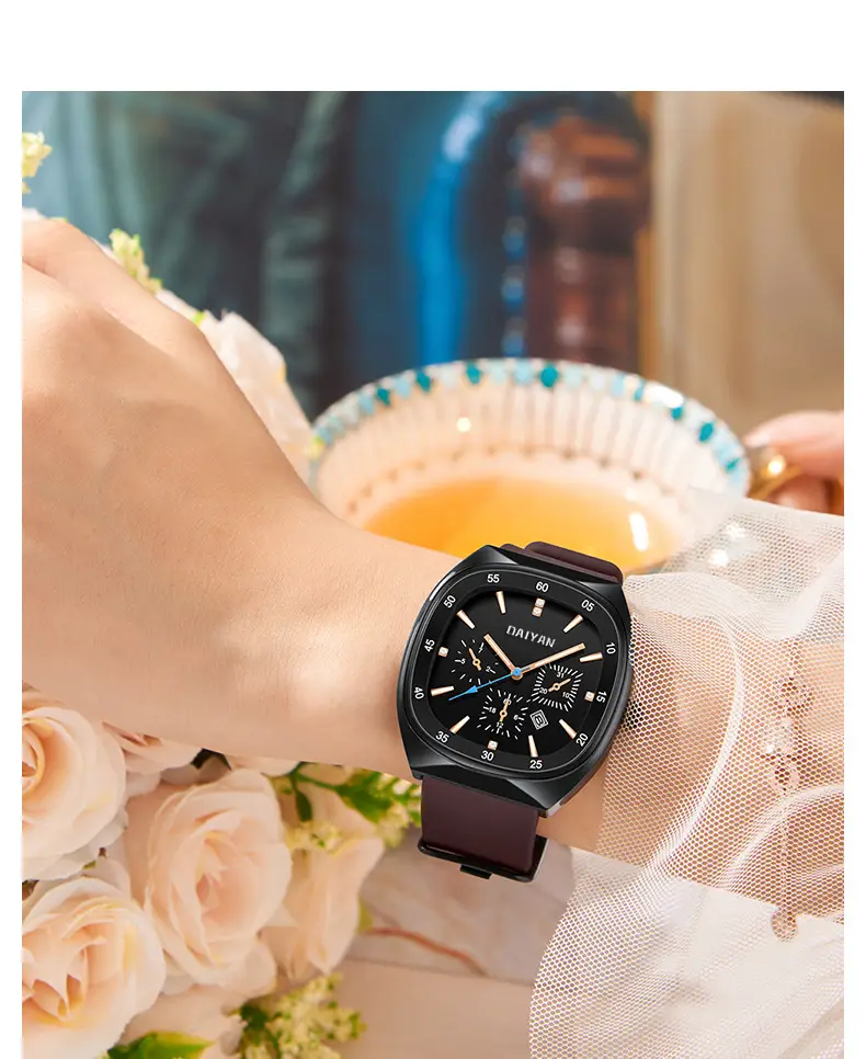Women's Black Square Quartz Watch with 6-Hand Display — feature 8