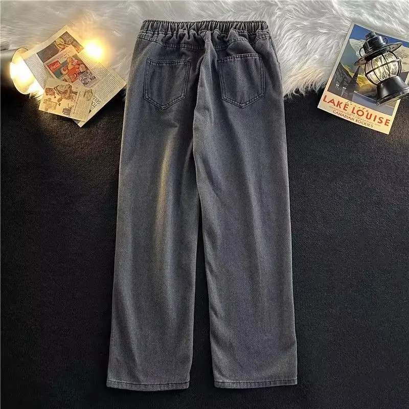 Men's Elastic Waist Denim Pants Wide Leg Dark Blue — feature 17