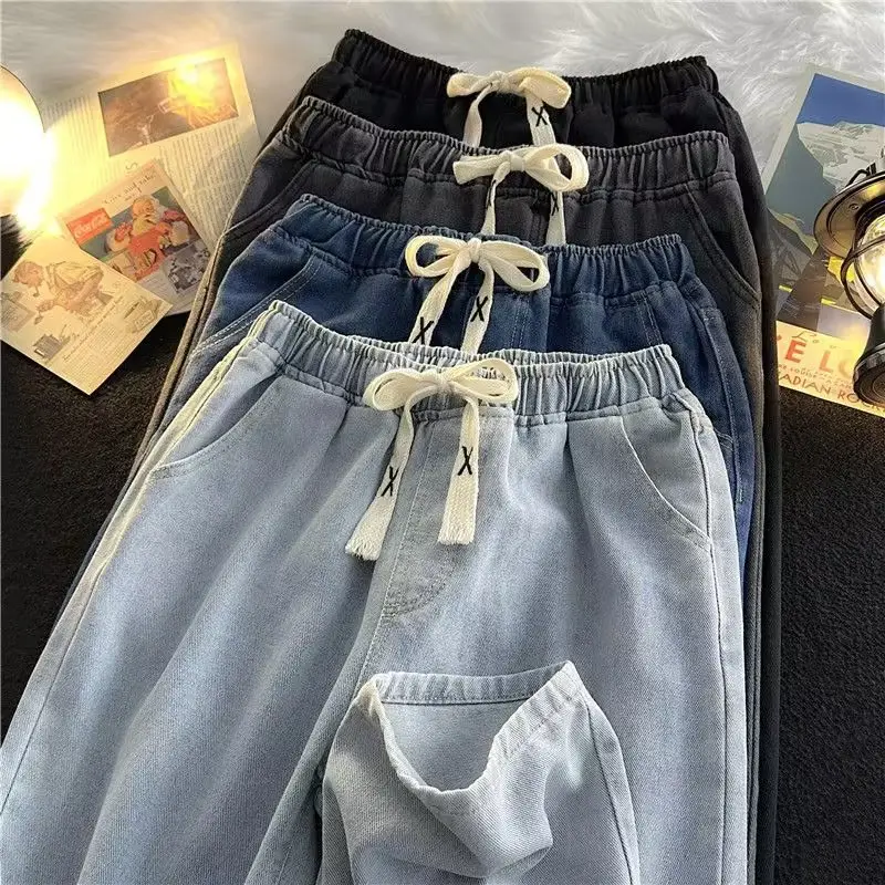 Men's Elastic Waist Denim Pants Wide Leg Dark Blue — feature 4