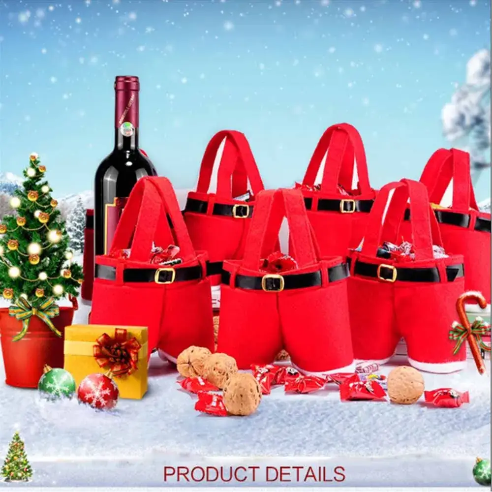 Red Cross Border Christmas Gift Bags Santa Pants Shape Tote - Image 3