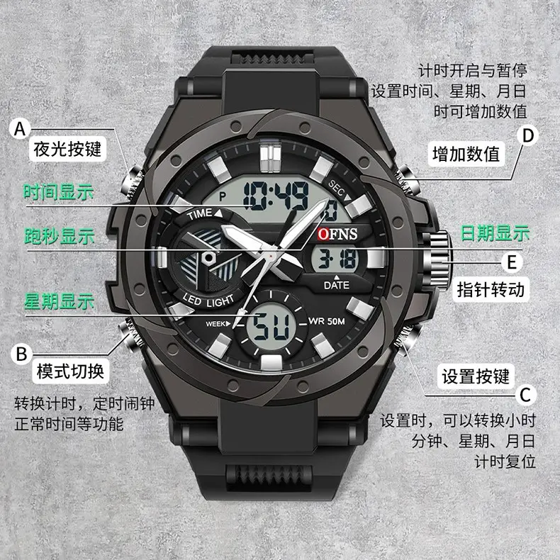 O'FNS Multifunctional Sports Watch for Men Black White Green