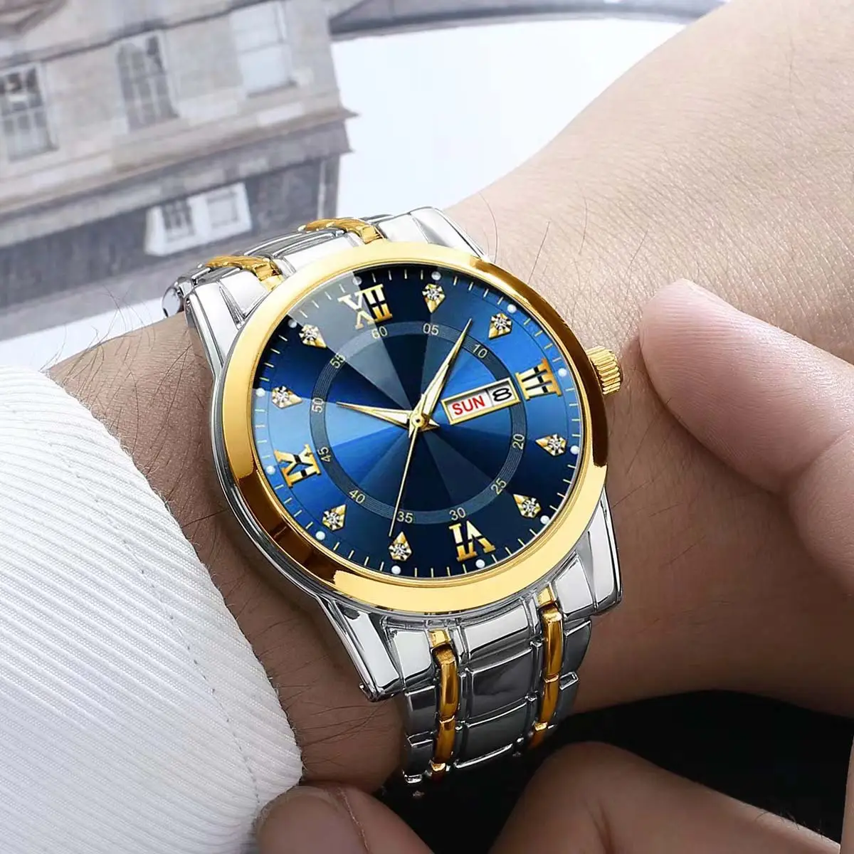 Luxury Men's Watch Blue Dial Gold Steel Band Waterproof