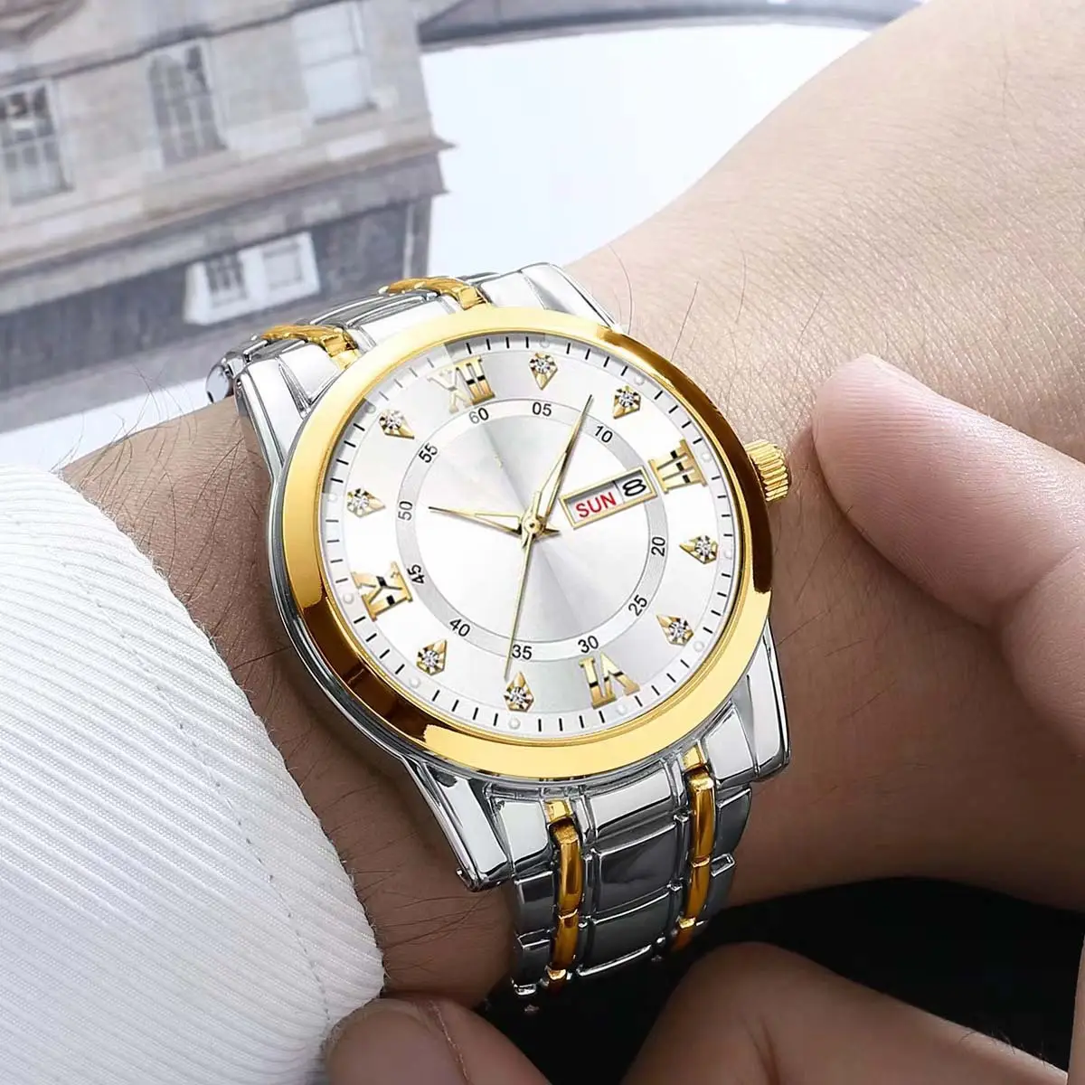 Luxury Men's Watch Blue Dial Gold Steel Band Waterproof
