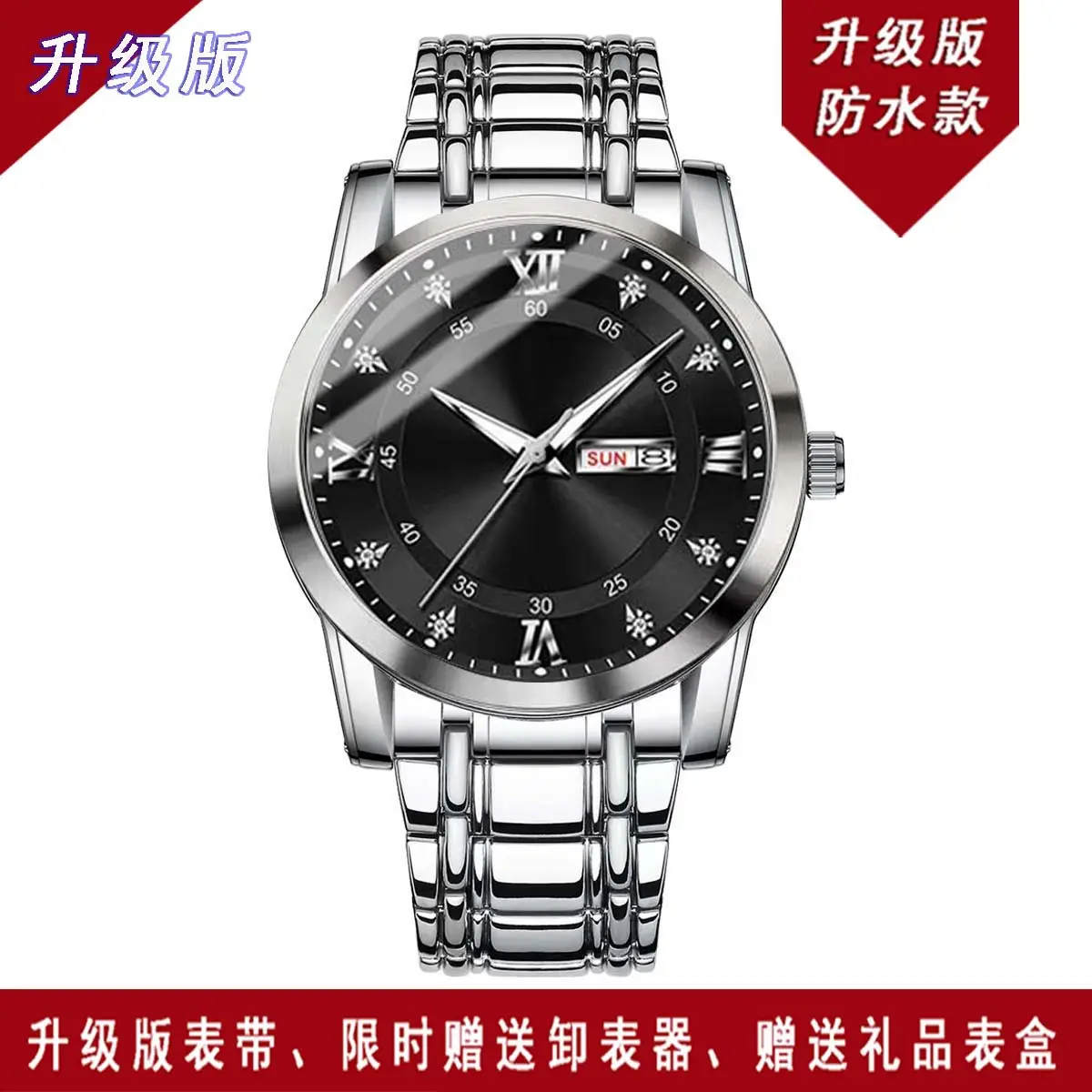 Luxury Men's Watch Blue Dial Gold Steel Band Waterproof