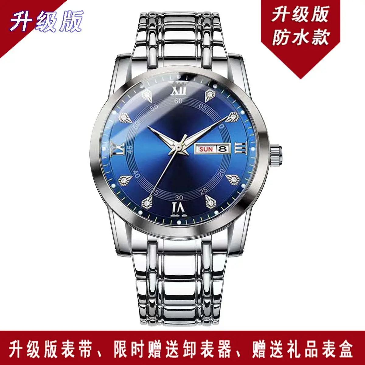Luxury Men's Watch Blue Dial Gold Steel Band Waterproof