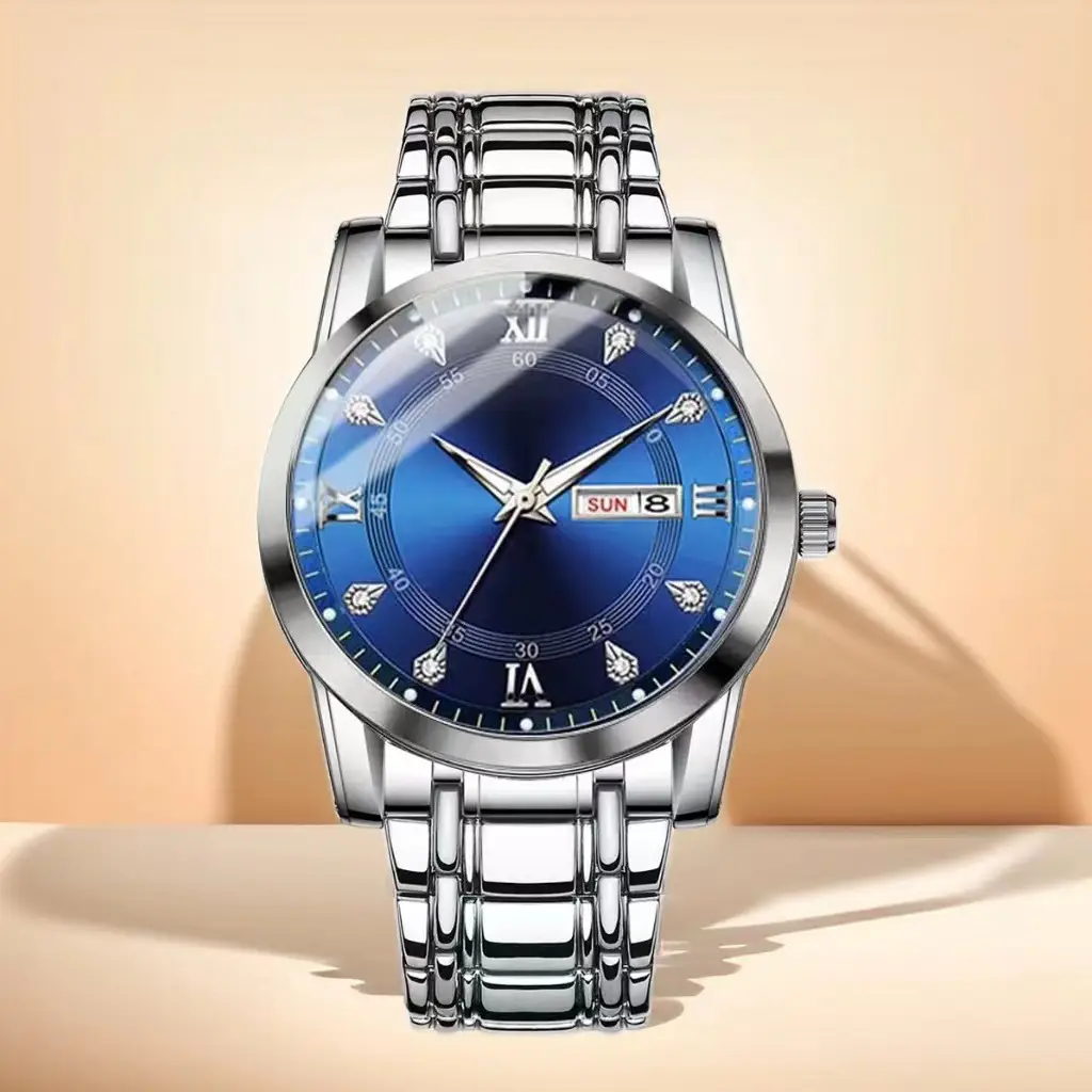 Luxury Men's Watch Blue Dial Gold Steel Band Waterproof