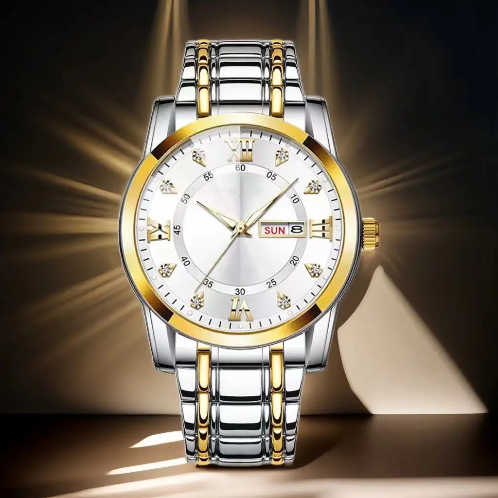 Luxury Men's Watch Blue Dial Gold Steel Band Waterproof