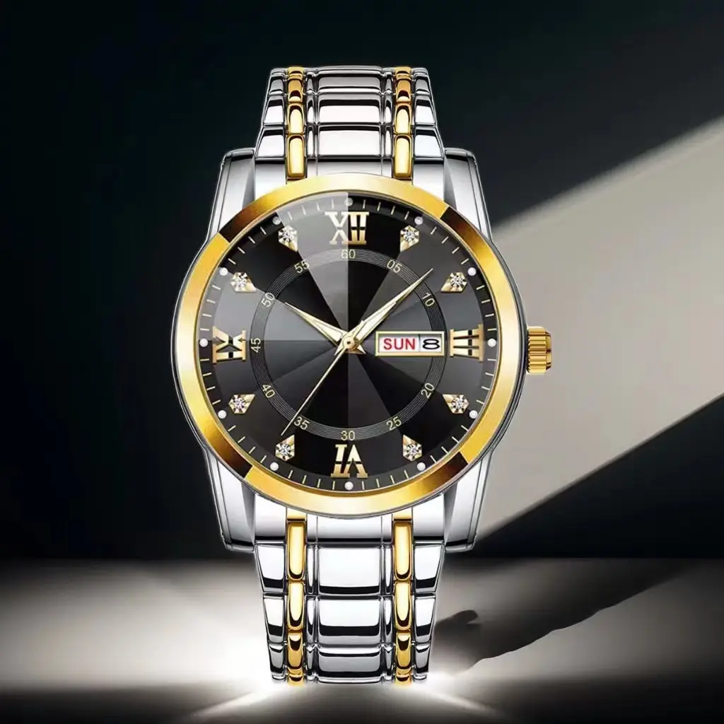 Luxury Men's Watch Blue Dial Gold Steel Band Waterproof
