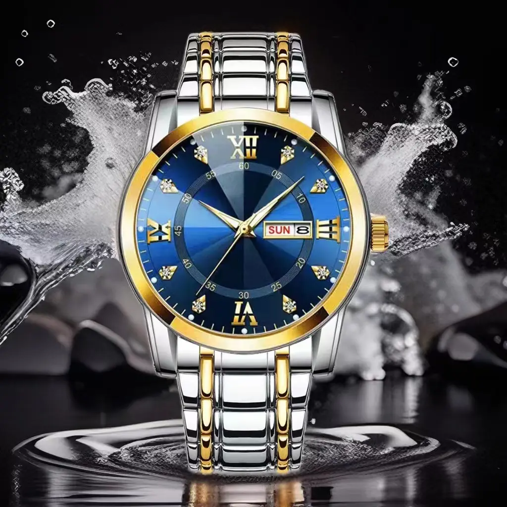Luxury Men's Watch Blue Dial Gold Steel Band Waterproof