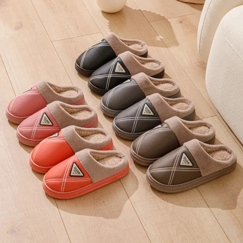 Men's cotton slippers PU leather warm 2024 new autumn and winter non-slip EVA thick bottom waterproof slippers women's winter - Image 11