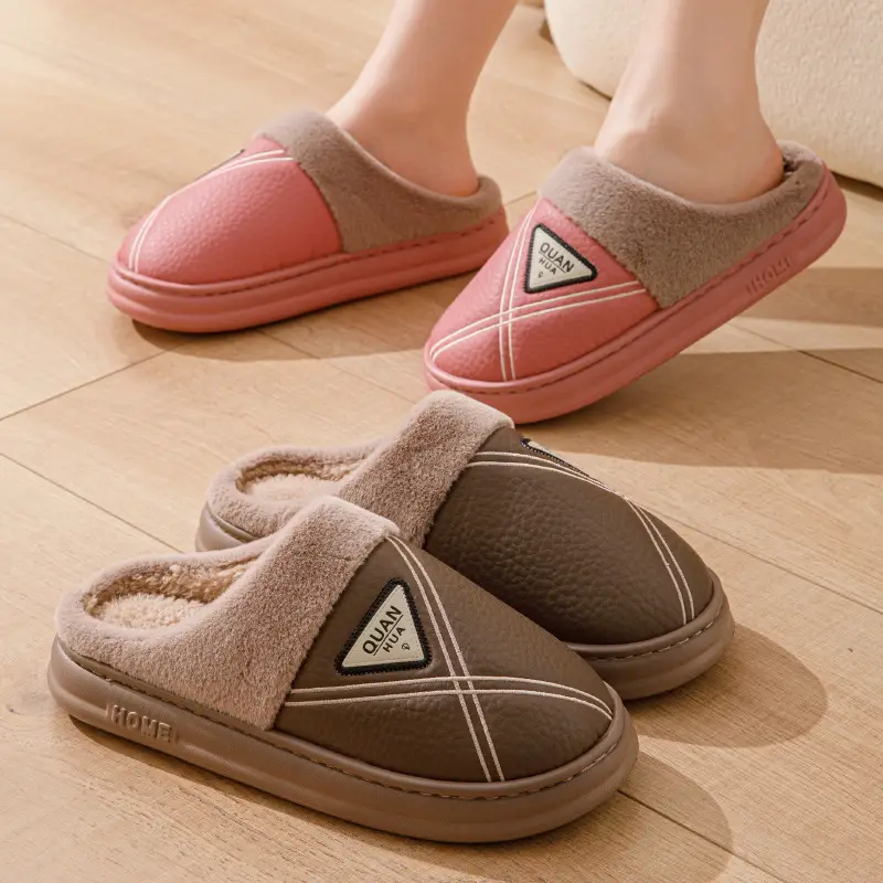Men's cotton slippers PU leather warm 2024 new autumn and winter non-slip EVA thick bottom waterproof slippers women's winter - Image 12