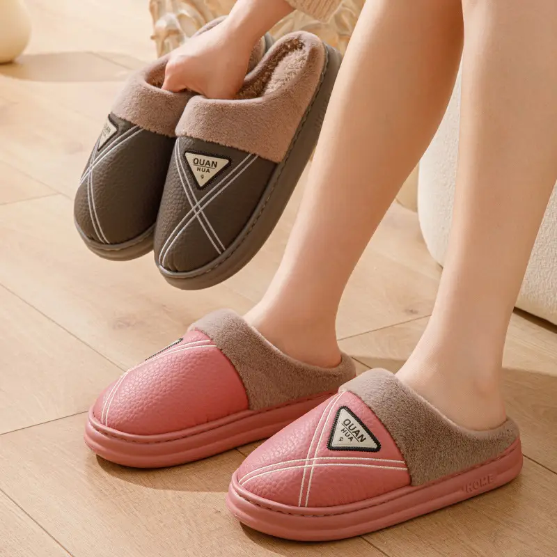 Men's cotton slippers PU leather warm 2024 new autumn and winter non-slip EVA thick bottom waterproof slippers women's winter - Image 13