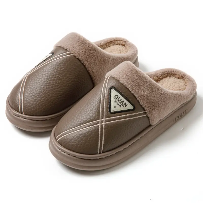 Men's cotton slippers PU leather warm 2024 new autumn and winter non-slip EVA thick bottom waterproof slippers women's winter - Image 14