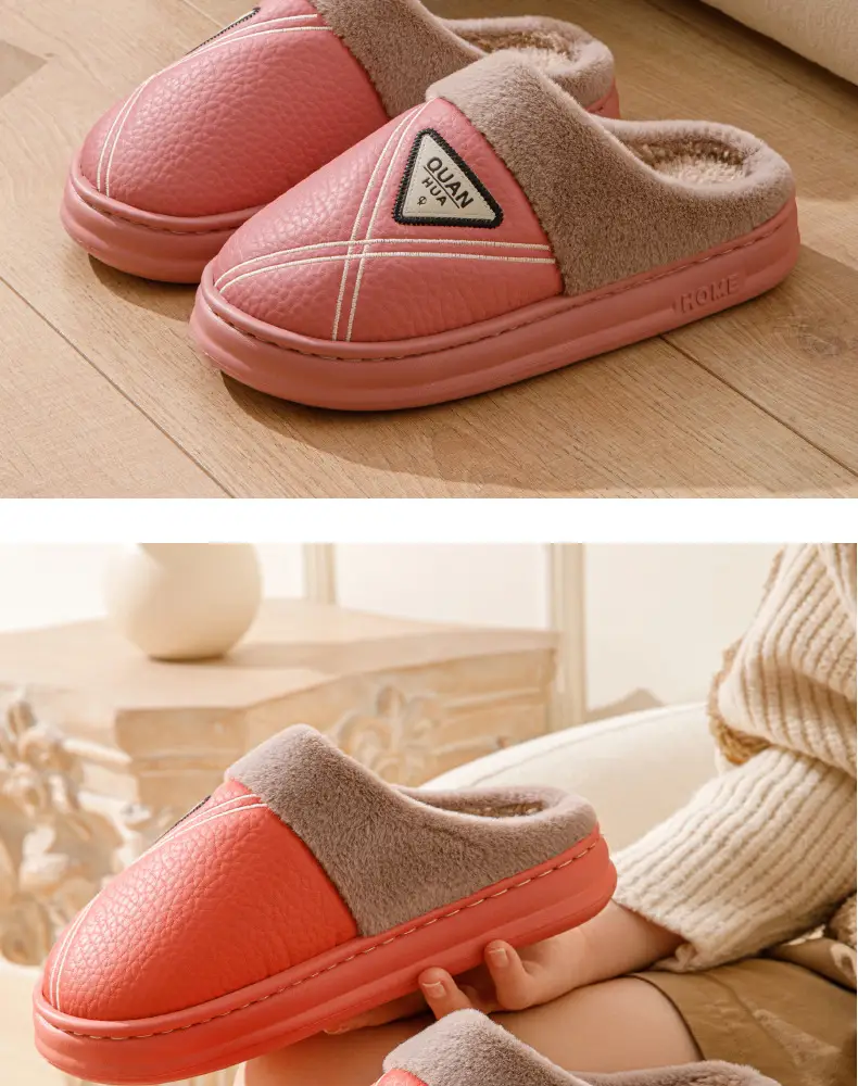 Men's cotton slippers PU leather warm 2024 new autumn and winter non-slip EVA thick bottom waterproof slippers women's winter — feature 15