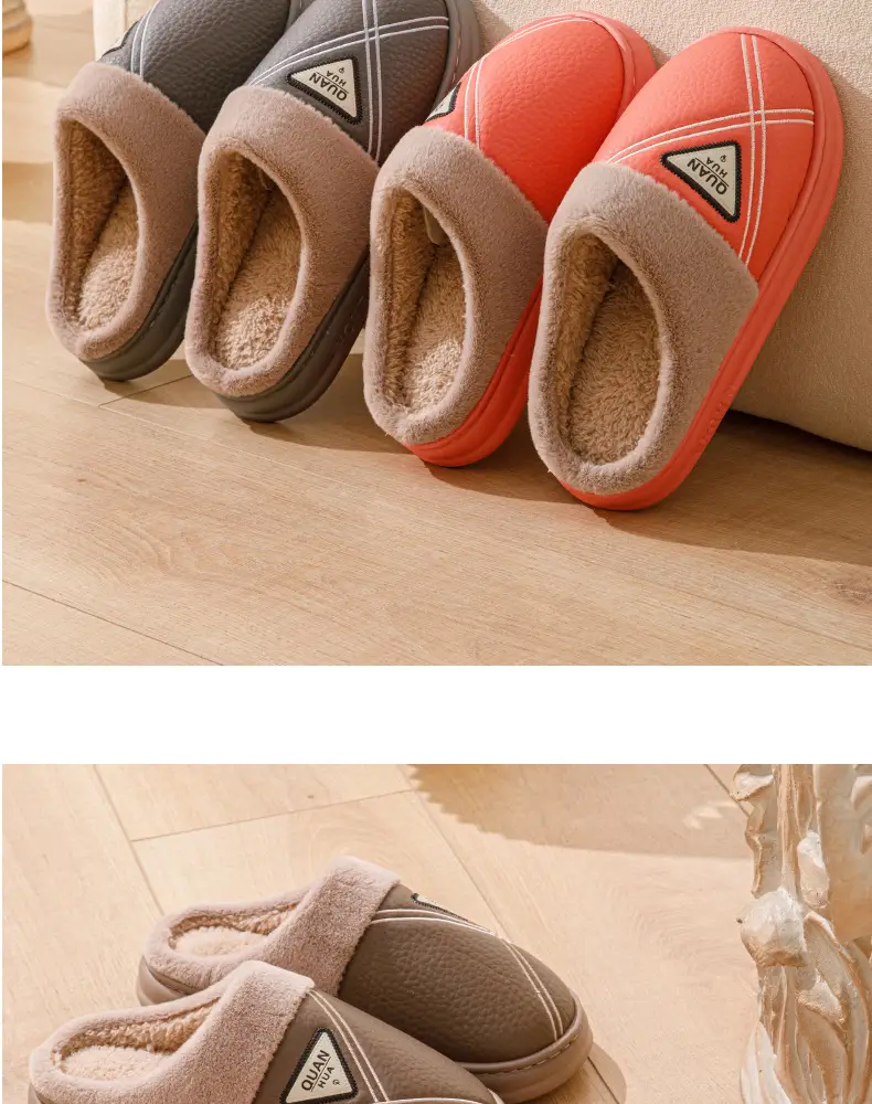 Men's cotton slippers PU leather warm 2024 new autumn and winter non-slip EVA thick bottom waterproof slippers women's winter — feature 17