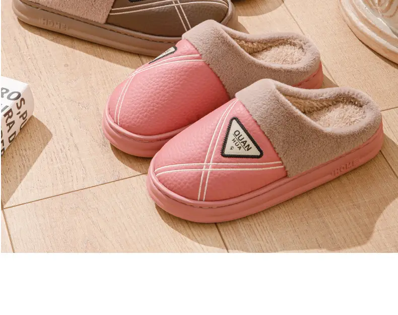 Men's cotton slippers PU leather warm 2024 new autumn and winter non-slip EVA thick bottom waterproof slippers women's winter — feature 18