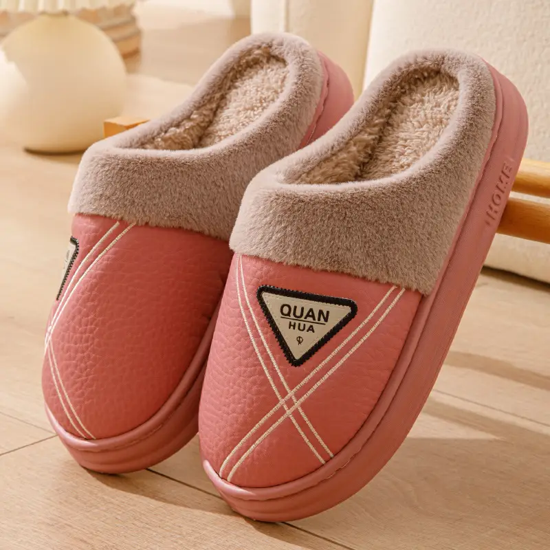 Men's cotton slippers PU leather warm 2024 new autumn and winter non-slip EVA thick bottom waterproof slippers women's winter - Image 2