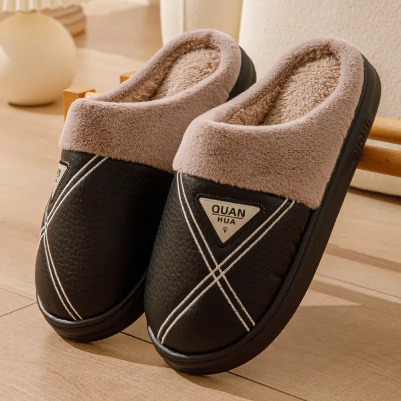 Men's cotton slippers PU leather warm 2024 new autumn and winter non-slip EVA thick bottom waterproof slippers women's winter - Image 3