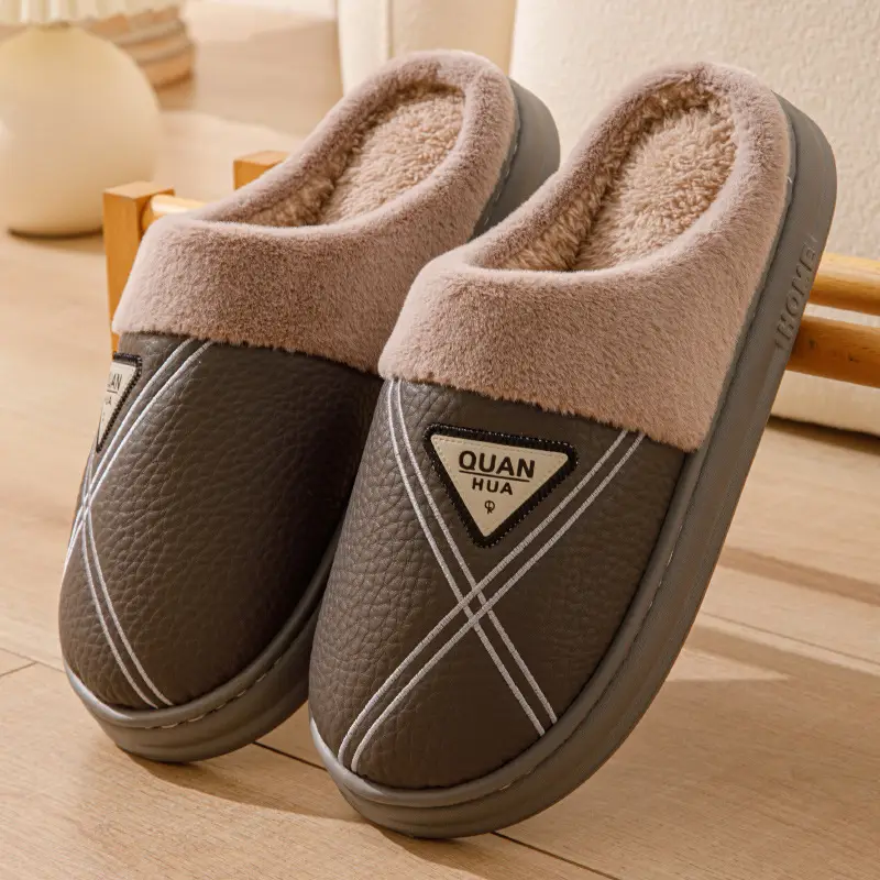 Men's cotton slippers PU leather warm 2024 new autumn and winter non-slip EVA thick bottom waterproof slippers women's winter - Image 4