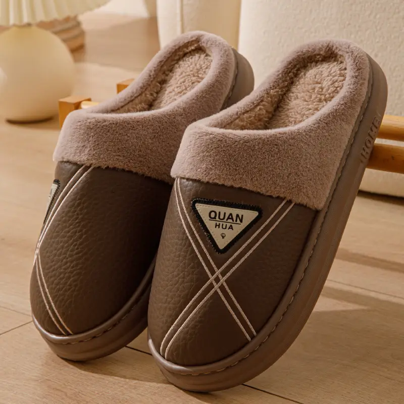 Men's cotton slippers PU leather warm 2024 new autumn and winter non-slip EVA thick bottom waterproof slippers women's winter - Image 5