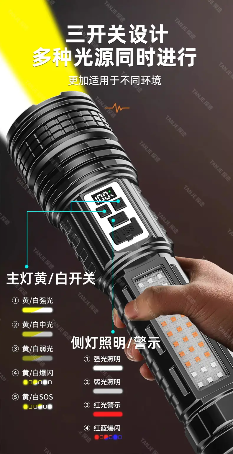 Rechargeable Flashlight Yellow White Double Light Source β feature 10