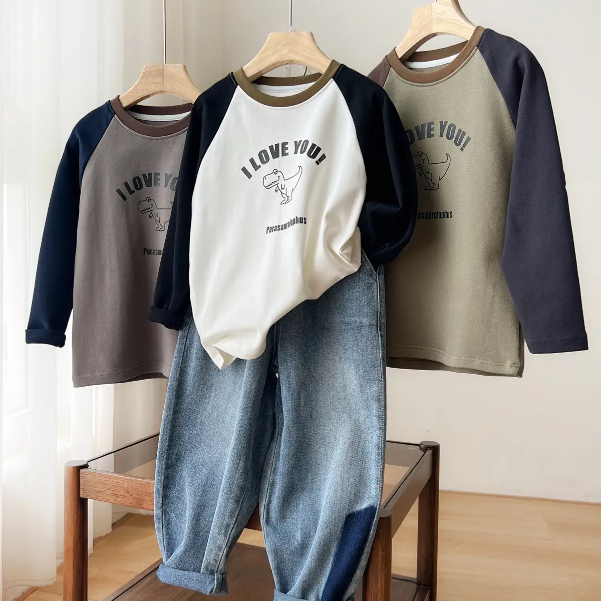 Children Cotton Long Sleeve T-Shirt Gray Blue Elephant Print